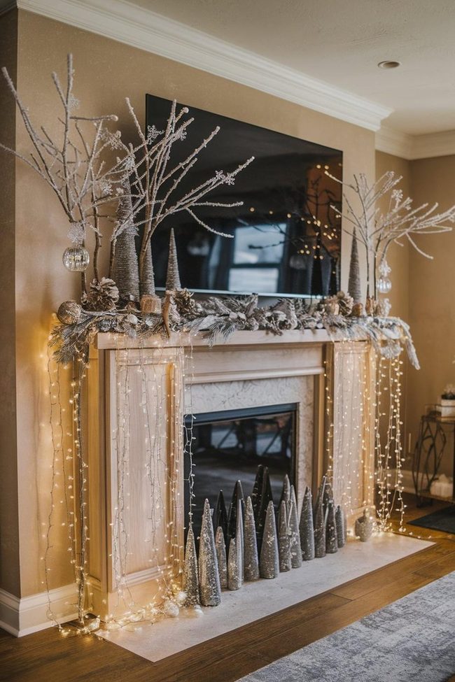 Silver Frosted Branches and Lights
