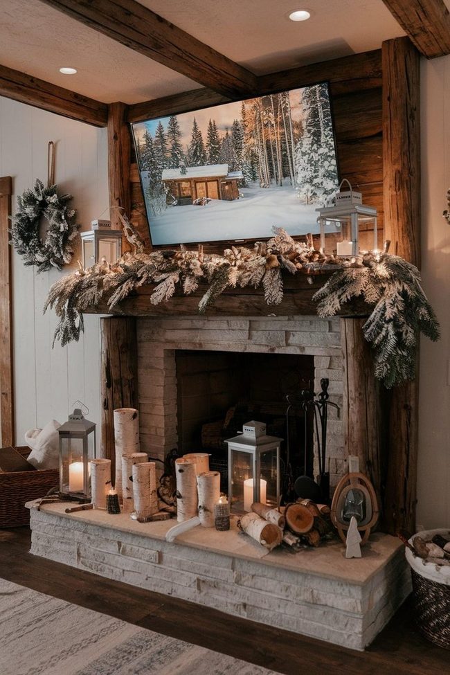 White Birch Logs and Lantern Mantle