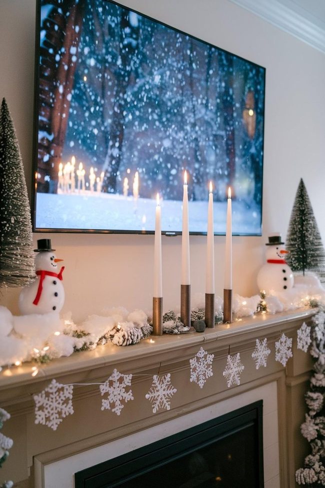 Snowmen Flanking Candlelit Mantle