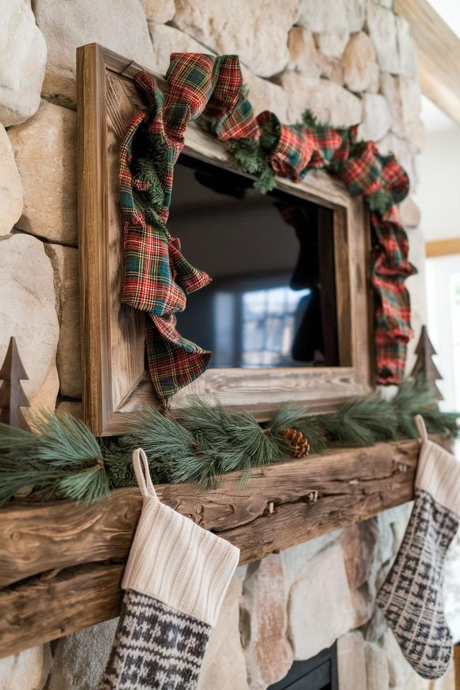 Plaid Stockings Stone Fireplace Pine