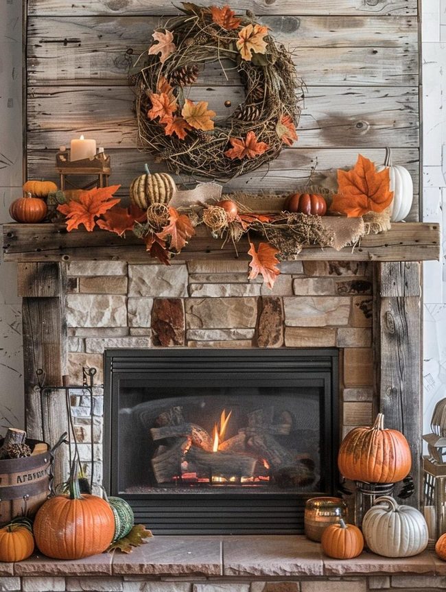 Pumpkin And Candlelight Fireplace Display