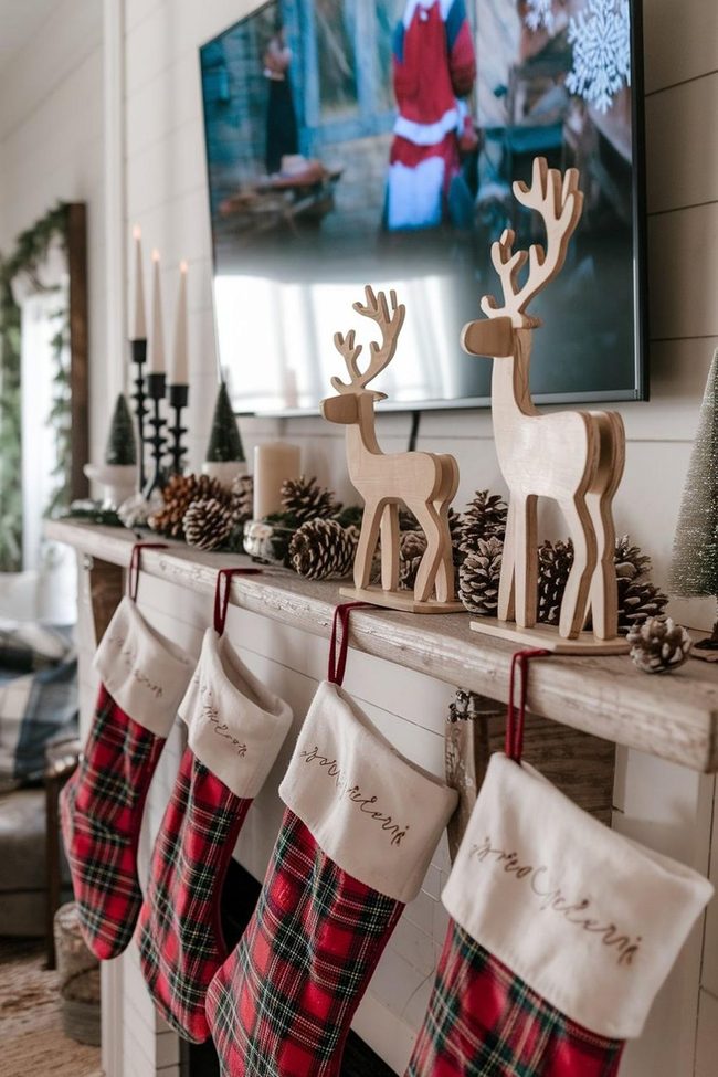 Plaid Stockings Wood Reindeer Mantle
