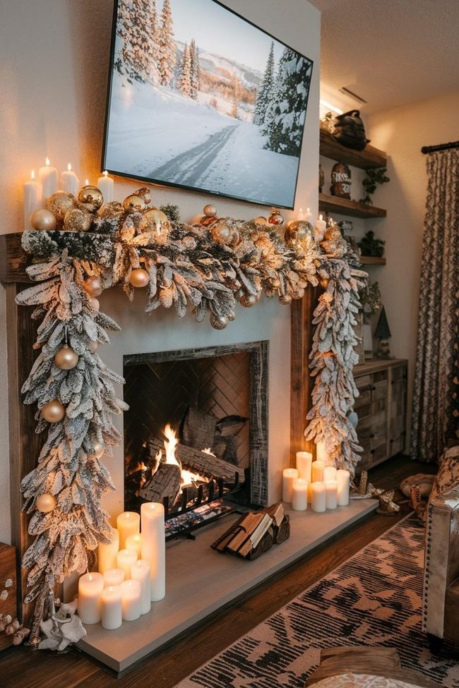 Frosted Pine with Glowing Candles