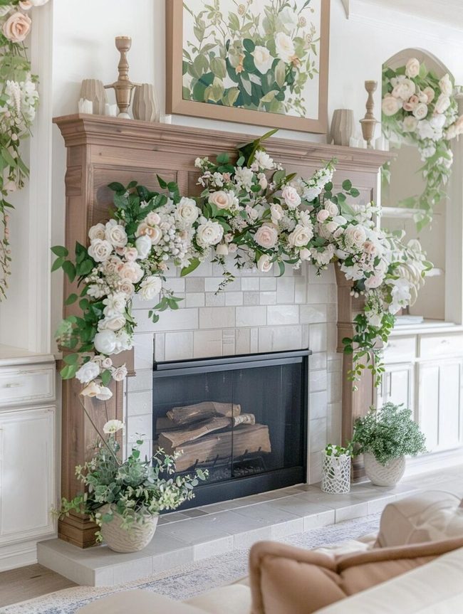 Pastel Florals On White Mantel
